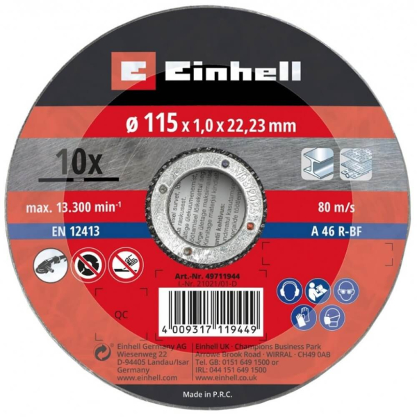 Диск відрізний по металу Einhell, 115х1,0х22,23 мм, 10 шт