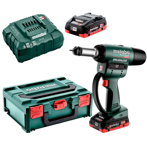 Акумуляторний заклепувальний пістолет Metabo NMP 18 LTX BL M10, 2хLiHD 4.0Ah, з/п, MetaBOX 145 M