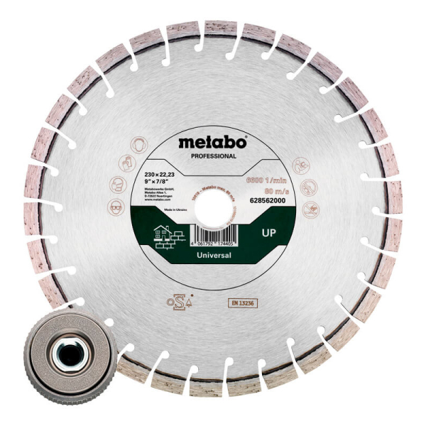 Алмазний відрізний круг універсальний Metabo Professional UP, 230x22,23 мм, та гайка Quick M 14