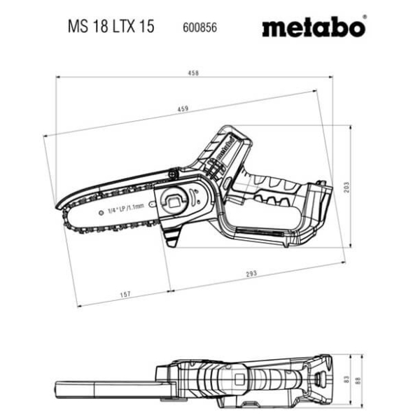 Акумуляторна ланцюгова пила Metabo MS 18 LTX 15 SET, каркас, з телескопічною ручкою