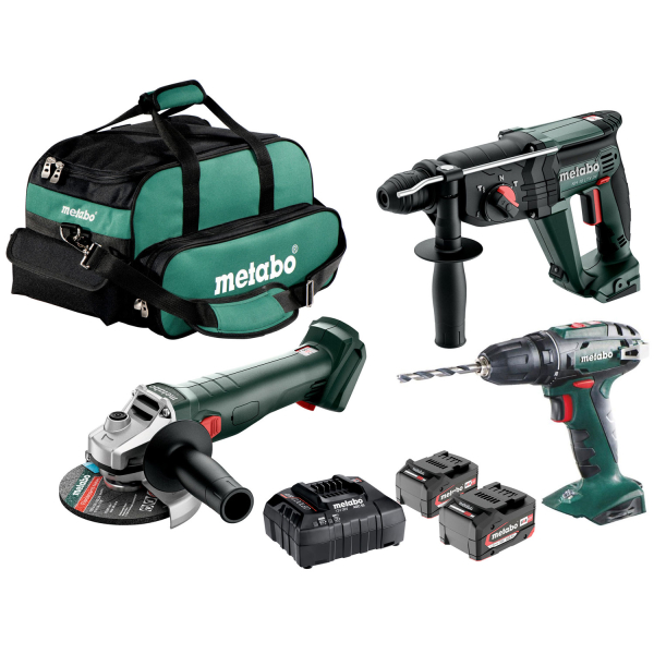 Набір акумуляторних інструментів Metabo: болгарка W 18 7-125, шуруповерт BS 18, перфоратор KH 18 LTX 24, 2x18V 4.0 Ah, з/п ASC 55 в сумці