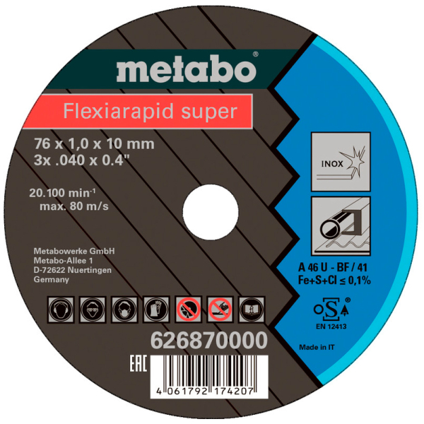 Відрізний круг по нержавійці Metabo Flexiarapid Super 76x1,0x10,0 мм, TF 41, 5 шт