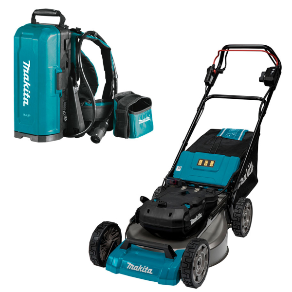 Аккумуляторная газонокосилка Makita LM001CZ с рюкзаком для аккумуляторов PDC01, каркас