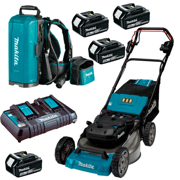 Акумуляторна газонокосарка Makita LM001C з рюкзаком для акумуляторів PDC01, 4x5.0 Ah, з/п DC18RD