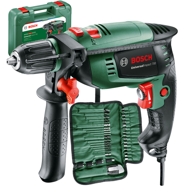 Дрель ударная Bosch UniversalImpact 700, кейс, с набором сверл и бит (39 шт)
