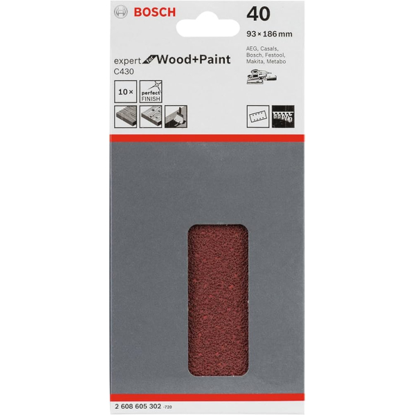 Шліфлист Bosch Expert for Wood and Paint C430, 93x186 мм, K40, 10 шт