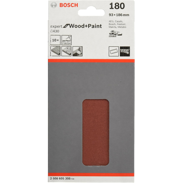 Шліфлист Bosch Expert for Wood and Paint C430, 93x186 мм, K180, 10 шт