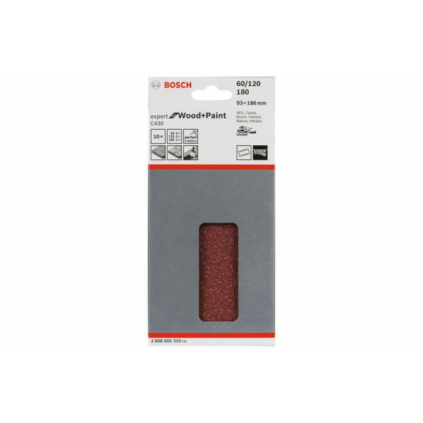 Набор шлифлистов Bosch Expert for Wood and Paint C430, 93x186 мм, К60/120/180, 10 шт