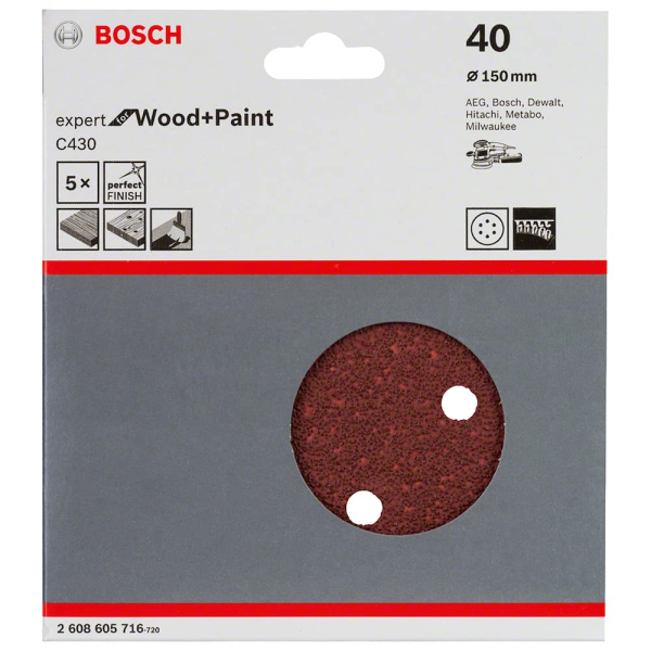 Шлифовальный диск Bosch Expert for Wood and Paint C430, 150 мм, K40, 5 шт