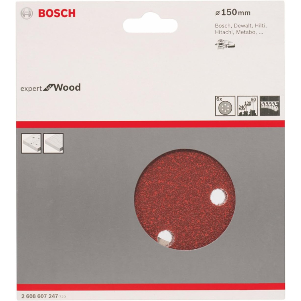 Шліфувальний диск Bosch Expert for Wood, 150 мм, K60/80/240, 6 шт