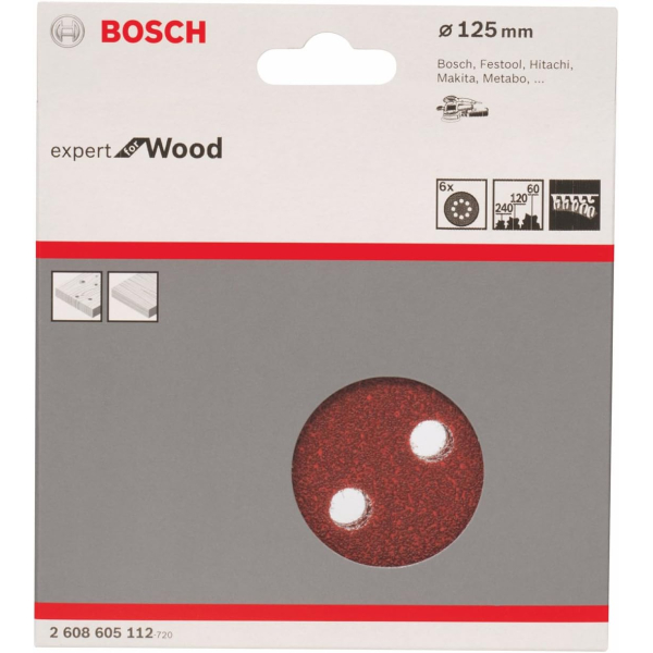 Шліфувальний диск Bosch Expert for Wood, 125 мм, K60/120/240, 6 шт