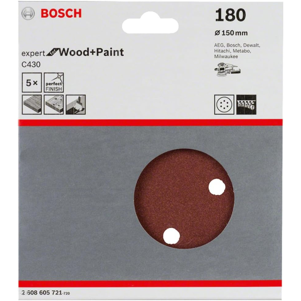 Шліфувальний диск Bosch Expert for Wood and Paint C430, 150 мм, K180, 5 шт