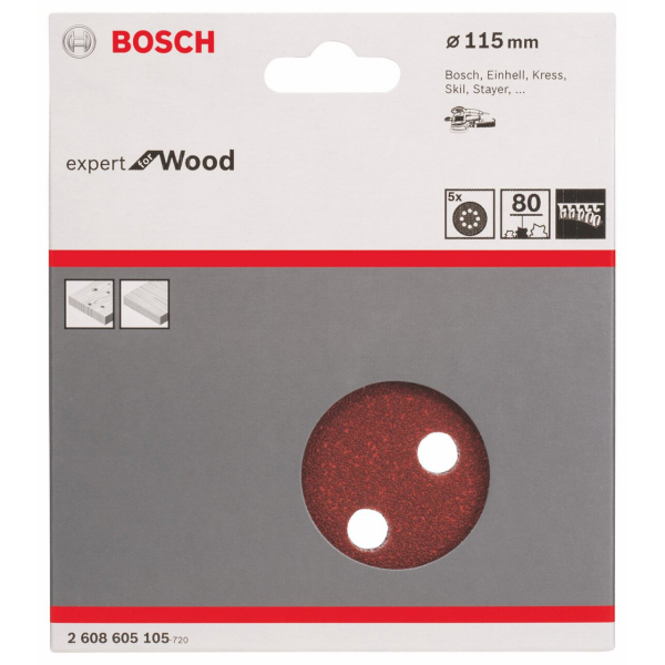 Шлифовальный диск Bosch Expert for Wood, 115 мм, K80, 5 шт