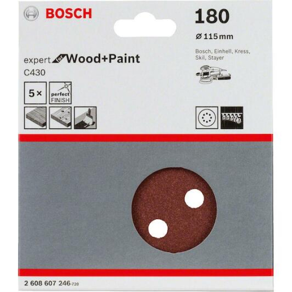 Шліфувальний диск Bosch Expert for Wood and Paint C430, 115 мм, K180, 5 шт
