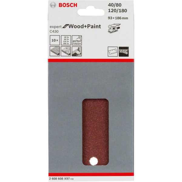 Набір шліфлистів Bosch Expert for Wood and Paint C430, 93x186 мм, К40/80/120/180, 10 шт