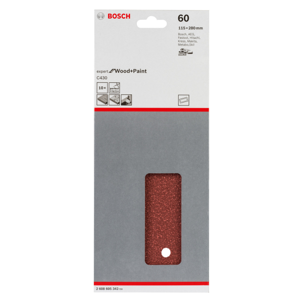 Шліфлист Bosch Expert for Wood and Paint C430, 115х280 мм, K60, 10 шт