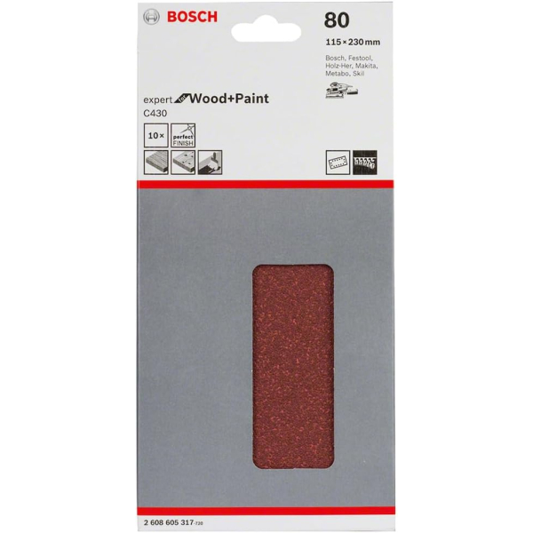 Шліфлист Bosch Expert for Wood and Paint C430, 115х230 мм, K80, 10 шт