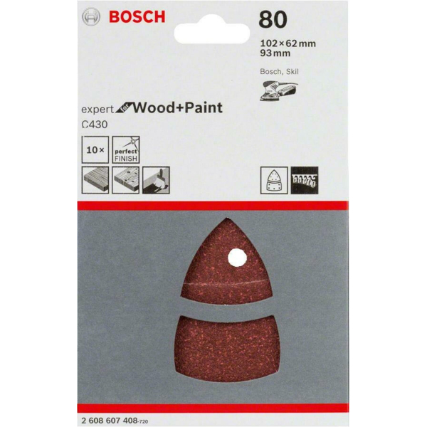 Шлифлист Bosch Expert for Wood and Paint C430, 102х62/93 мм, K80, 10 шт