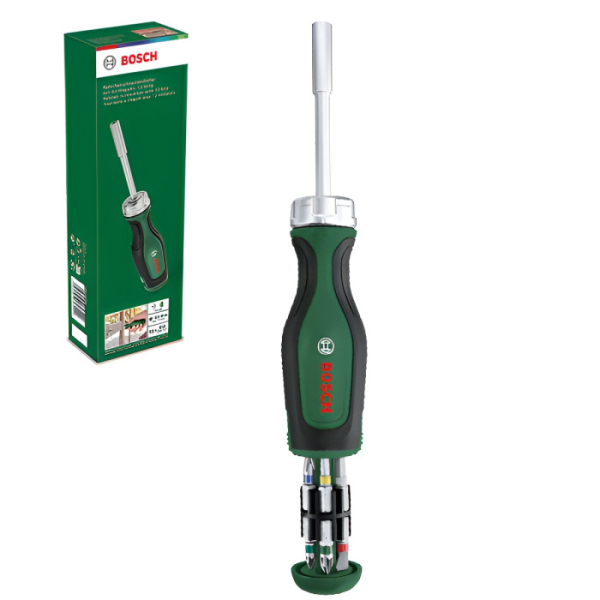 Отвертка Bosch с трещоткой и 12-ю битами