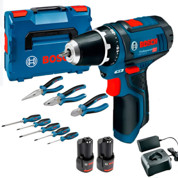Акумуляторний шуруповерт Bosch GSR 12V-15, 2xGBA 12V 2.0Ah, з/п GAL 12V-20 та набір інструментів, кейс