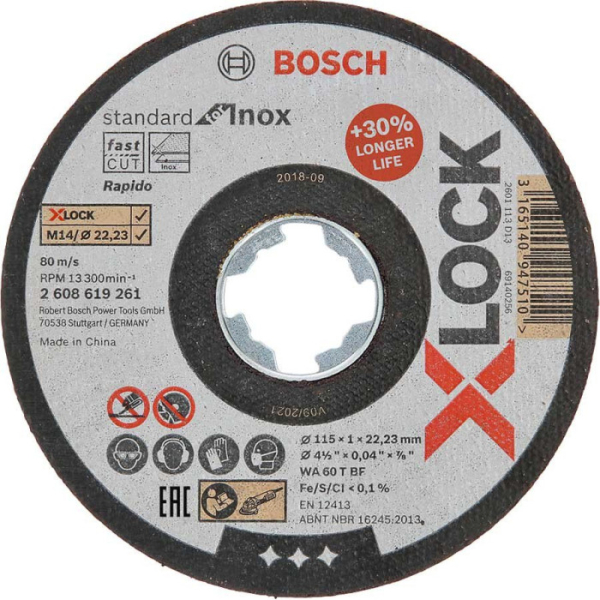 Круг отрезной Bosch X-Lock Standard for Inox, 115х1х22,23 мм, прямой, 10 шт