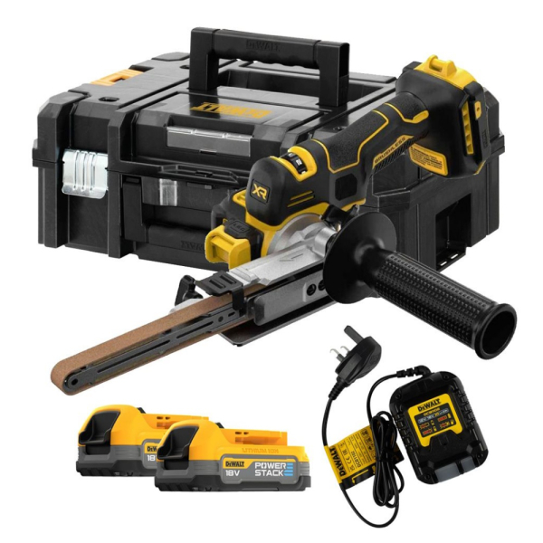 Акумуляторний стрічковий напилок DeWALT DCM200E2T, 2x1.7Ah, з/п, у валізі TSTAK