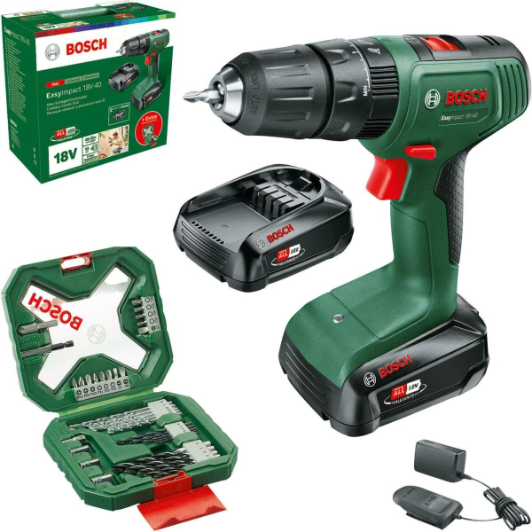 Акумуляторний ударний шуруповерт Bosch ЕаsyImpact 18V-40, 2xPBA 18V 2.0Ah, AL 18V-20, кейс, набір аксесуарів X-line 34 шт