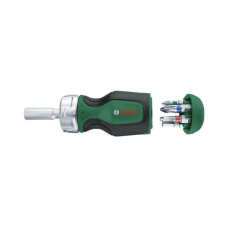 Короткая отвертка Bosch с храповиком и 6 бит (PZ1, PZ2, PH2, SL4, TX25, HEX5)