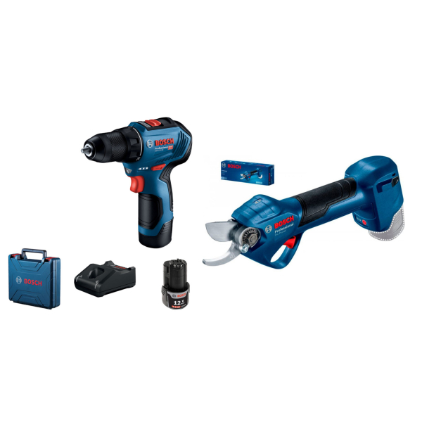 Аккумуляторный шуруповерт Bosch GSR 12V-30 Professional и секатор Bosch Pro Pruner Professional, 2x12V 2.0Ah, GAL 12V-40, кейс