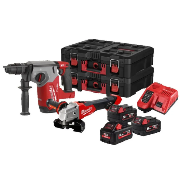 Набор аккумуляторного инструмента Milwaukee PACKOUT M18 FPP2AY-553P, 1xM18 5.5Ah, 2xM18 5.0Ah, з/у M12-18 FC, 2 кейса