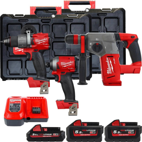 Набір інструментів акумуляторних Milwaukee M18FPP3P2-533P, 1x3.0 Ah, 2x5.5 Ah, з/п М12-18 FC, 2 кейса