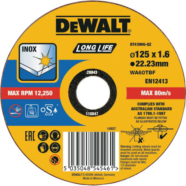 Отрезной круг DeWALT DT43906, нержавеющая сталь, 125x1.6x22.23 мм