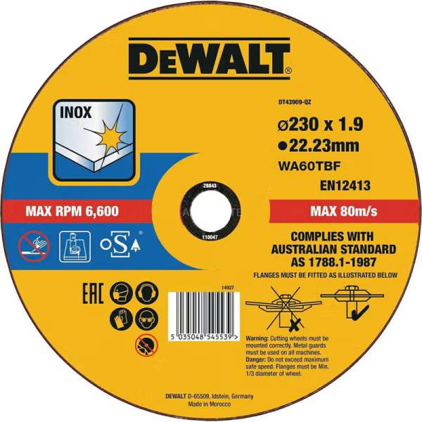 Отрезной круг DeWALT DT43909, нержавеющая сталь, 230x1.9x22.23 мм