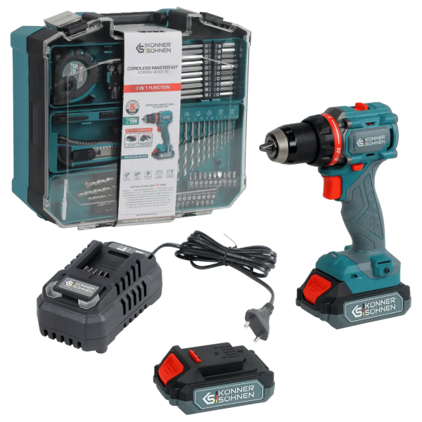 Аккумуляторный шуруповерт Konner&Sohnen KS ID20V-60 KIT 74, 1х2.0Ah, з/у, набор принадлежностей