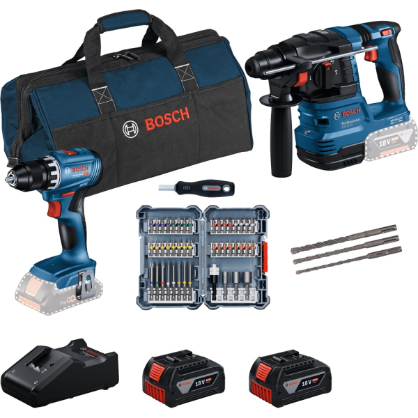 Набор аккумуляторных инструментов Bosch, GSR 18V-45, GBH 18V-22, 2×GBA 18 V 4.0 Ah, з/у GAL 18V-40, набор бит и буров, сумка