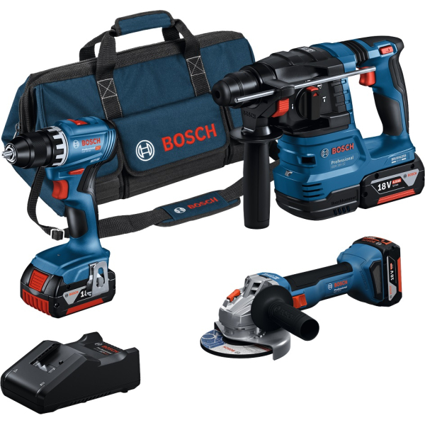 Набор аккумуляторных инструментов Bosch GSR 18V-45, GBH 18V-22, GWS 18V-8, 3×GBA 18 V 4.0 Ah, з/у GAL 18V-40, сумка M-BAG