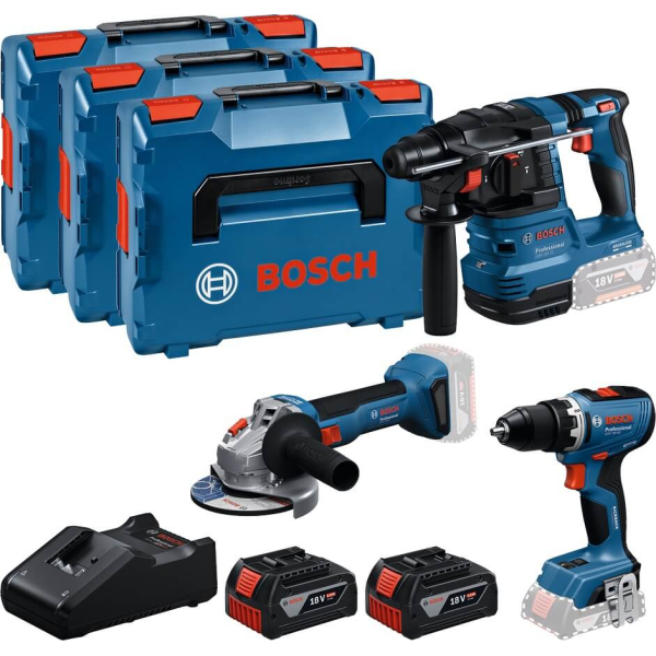 Набор аккумуляторных инструментов Bosch GSR 18V-65, GBH 18V-22, GWS 18V-8, 2×GBA 18 V 5.0 Ah, з/у GAL 18V-40, 3×L-BOXX 136