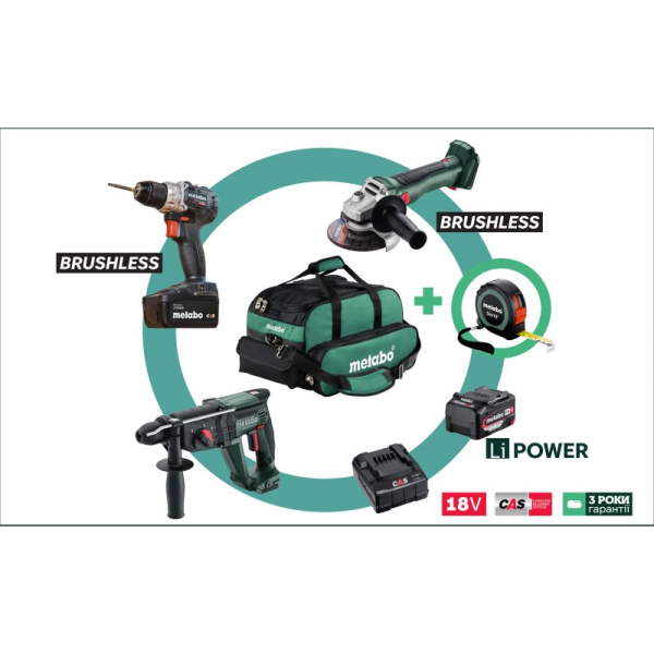 Набор инструментов Metabo BS 18 BL Edition, W 18 L BL 9-125, KH 18 LTX 24, Li-Power 2x4.0 Ah, SC 36, сумка