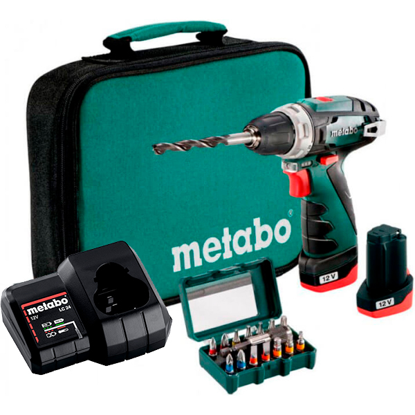 Акумуляторний шуруповерт Metabo PowerMaxx BS, 12V 2x2.0 Ah, LC 24, сумка + набір біт 15 шт