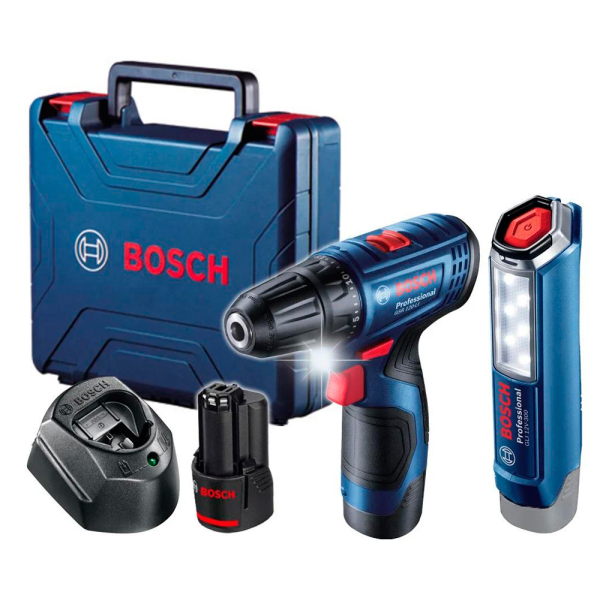 Акумуляторний шуруповерт Bosch GSR 120-LI Professional + ліхтар GLI 12V-300, 2xGBA 12V 2.0Ah, з/п GAL 1210 CV, кейс