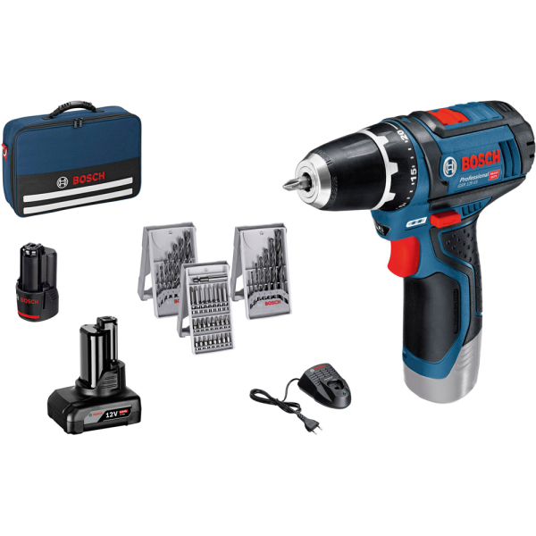 Аккумуляторный шуруповерт Bosch GSR 12V-15, 1x2Ah, 1x4Ah, з/у, сумка + сверла