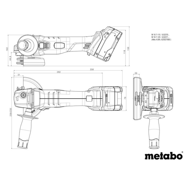 Акумуляторна болгарка Metabo W 18 7-125, каркас без пакування