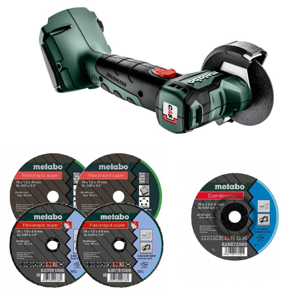Аккумуляторная болгарка Metabo CC 18 LTX BL, каркас с набором дисков