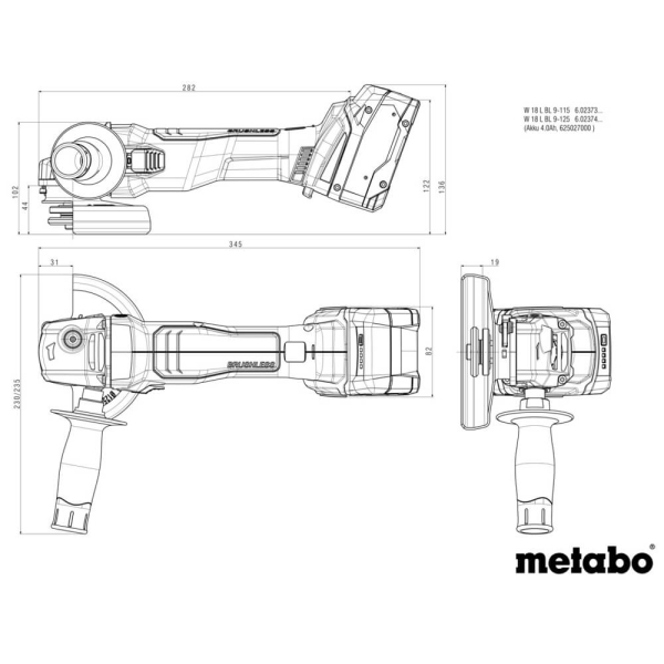 Акумуляторна болгарка Metabo W 18 L BL 9-125, 2x4.0 Ah, ASC 55, в MetaBox 165 L
