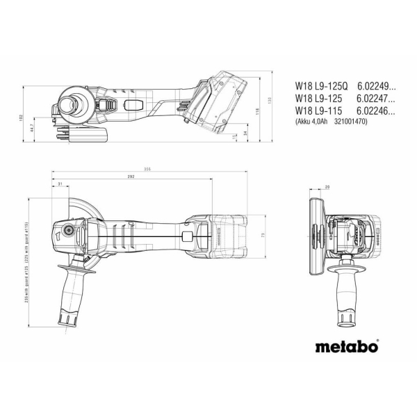 Аккумуляторная угловая шлифмашина Metabo W 18 L 9-125, 2x4.0Ah, з/у, в metaBOX 165 L