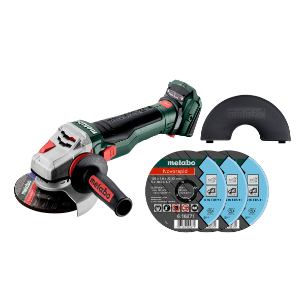 Аккумуляторная угловая шлифмашина Metabo WB 18 LTX BL 15-125 Quick, каркас с 3 кругами Novorapid Inox