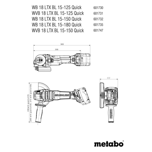 Акумуляторна кутова шліфмашина Metabo WB 18 LTX BL 15-150 Quick, каркас в MetaBOX 165 L