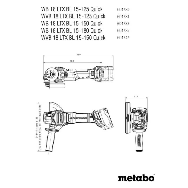 Акумуляторна кутова шліфмашина Metabo WB 18 LTX BL 15-180 Quick, каркас в MetaBOX 165 L