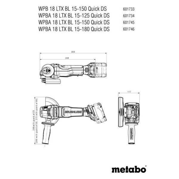 Акумуляторна кутова шліфмашина Metabo WPBA 18 LTX BL 15-150 Quick DS, каркас в MetaBOX 165 L