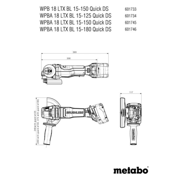 Акумуляторна кутова шліфмашина Metabo WPBA 18 LTX BL 15-180 Quick DS, каркас в MetaBOX 165 L